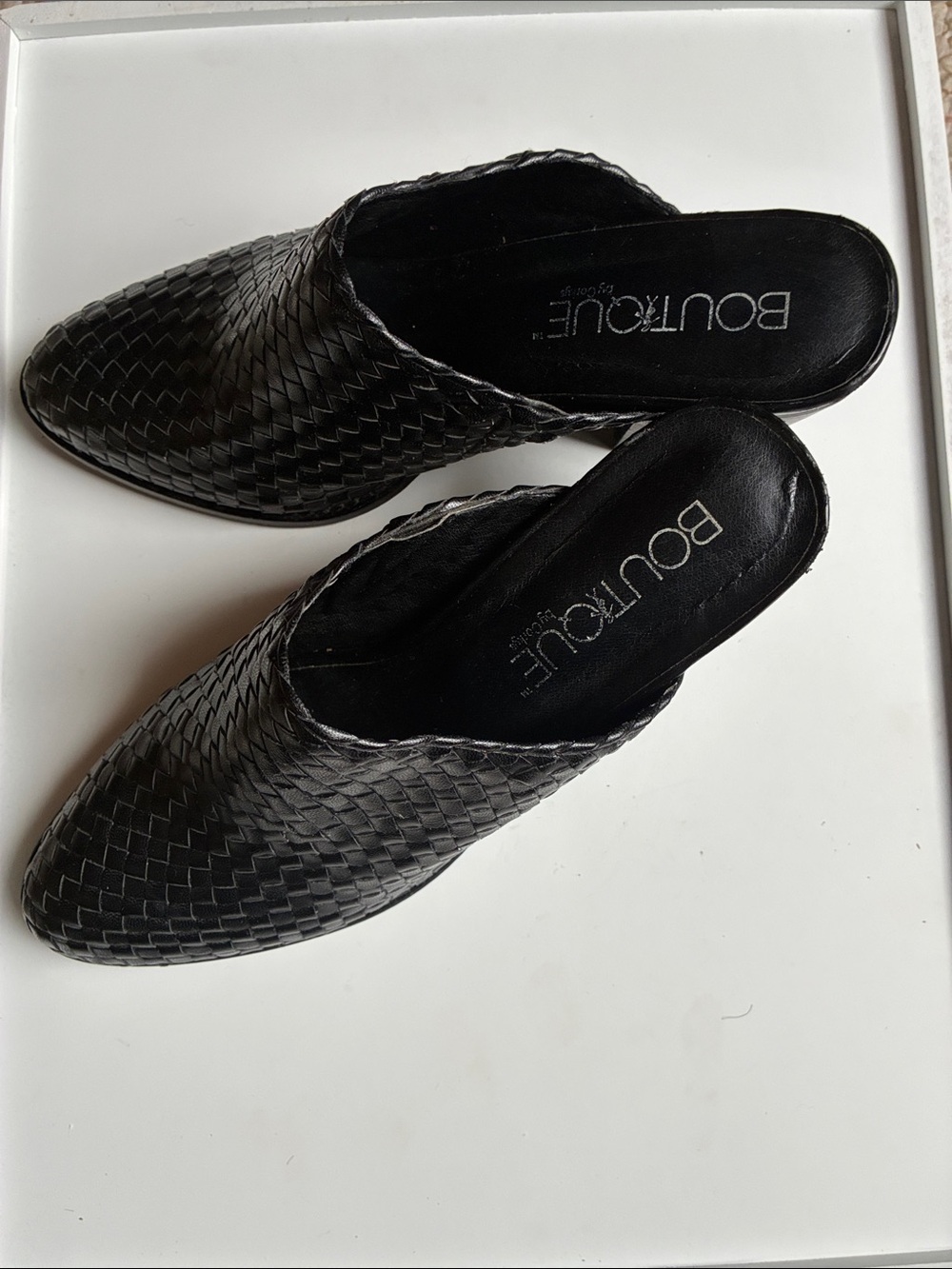 Woven Leather Black Slip-On Mules